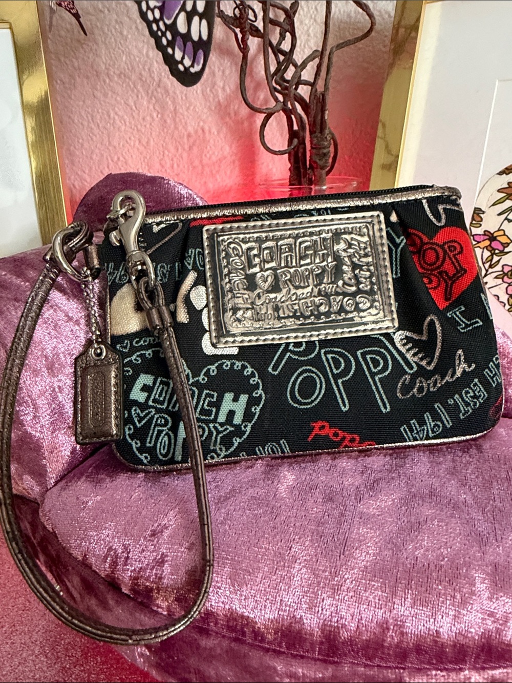 Coach Black Poppy Graffiti Print Wristlet with Multicolor Accents